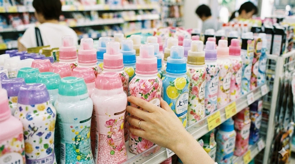 ドラッグストアの棚に並ぶ様々な種類の柔軟剤と香り付けビーズ