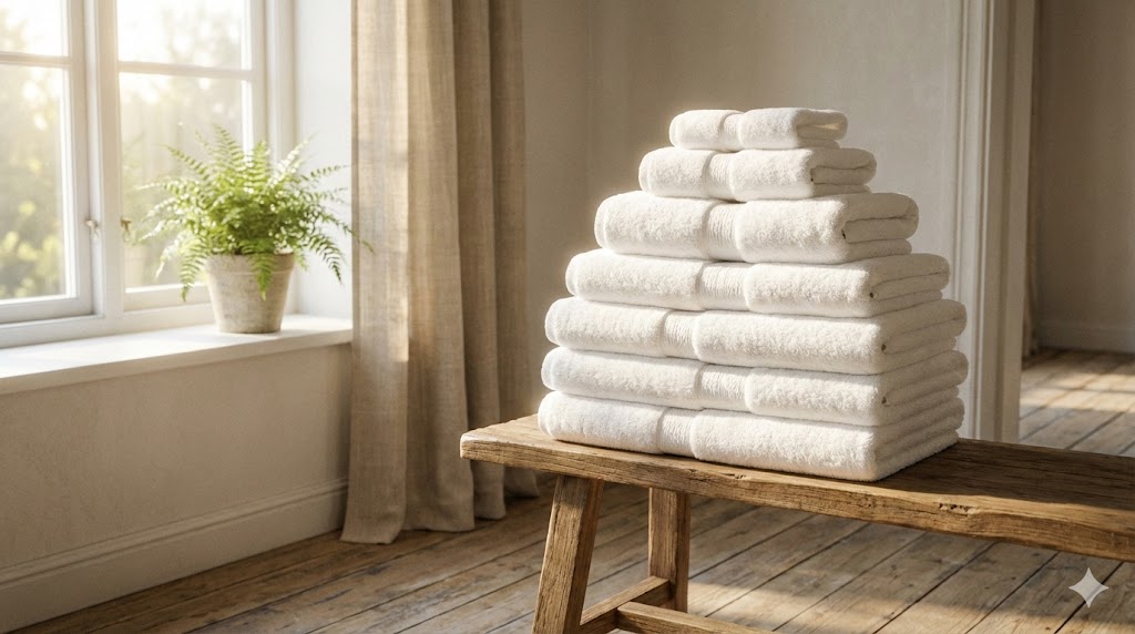 自然光が差し込む部屋に積まれたふわふわで清潔な白いタオル