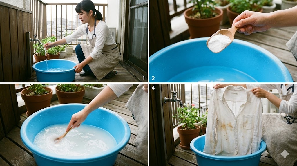 洗面器のお湯に重曹を溶かして衣類をつけ置きする準備の様子