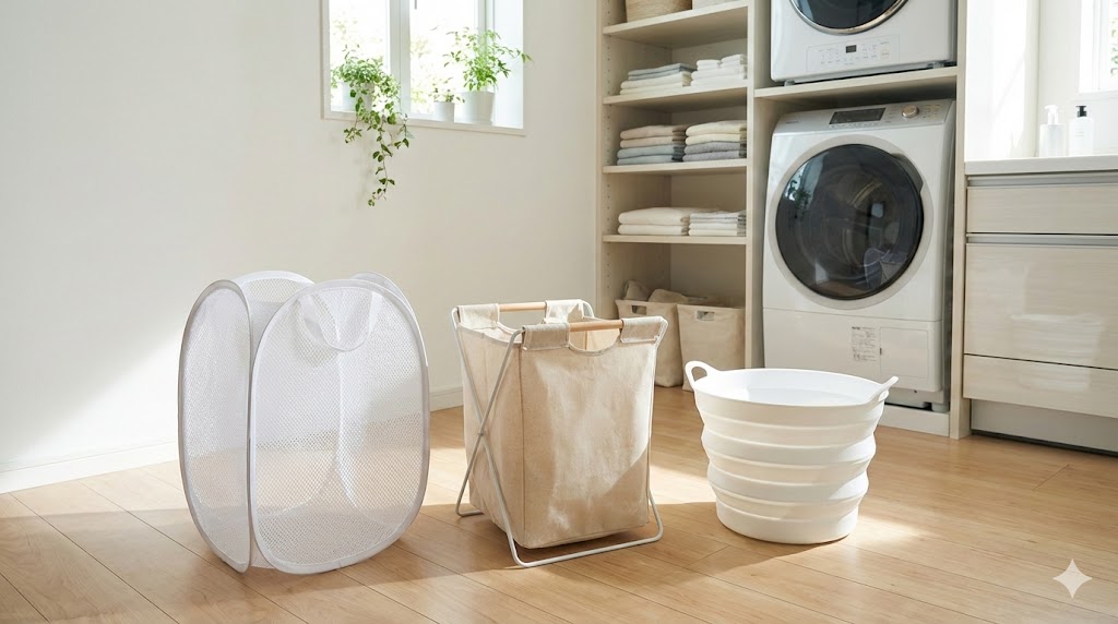 明るい洗面所に並べられたメッシュ・布製・プラスチック製の3種類の折りたたみ洗濯かご