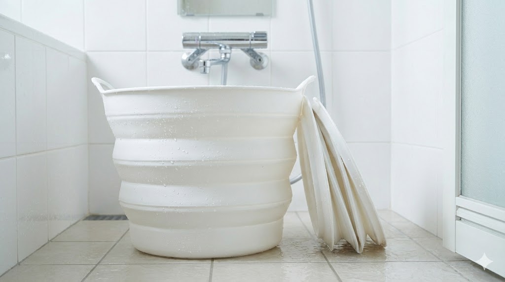 浴室に置かれた水に強い折りたたみ式プラスチック製ランドリーバスケット