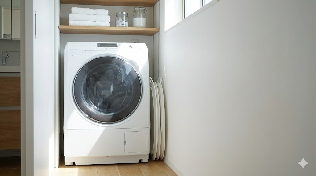 洗濯機と壁のわずかな隙間にスッキリと収納された薄型の折りたたみ洗濯かご