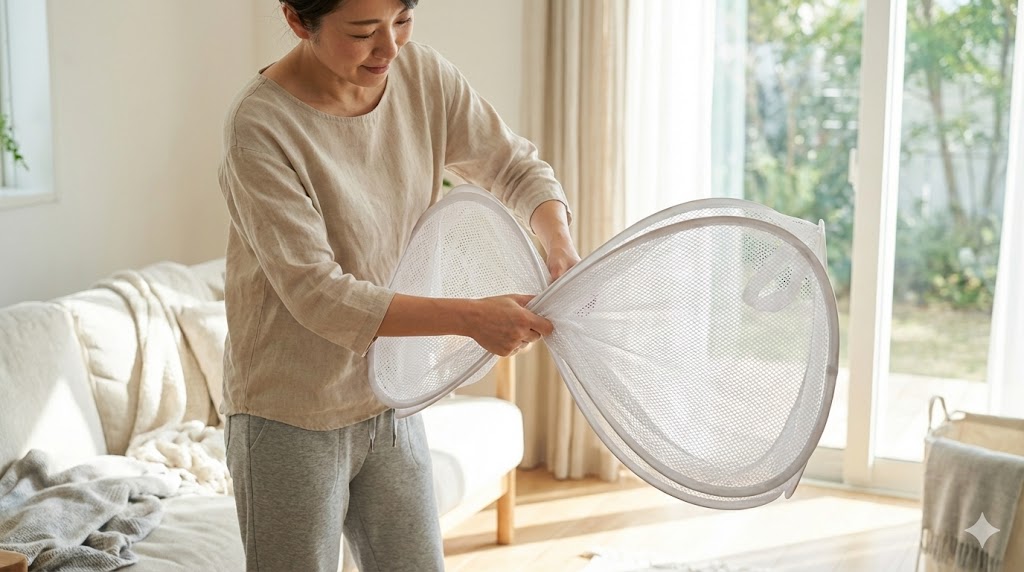 メッシュ素材の折りたたみ洗濯かごを8の字にねじって畳もうとしている女性の手元