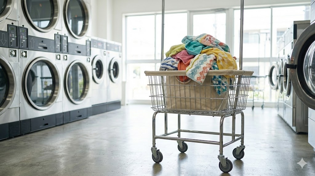 コインランドリーのカートの上に置かれた自立式の折りたたみランドリーバスケット
