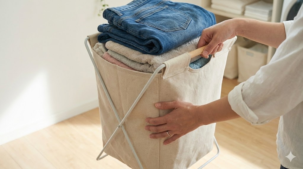 重い洗濯物が入ったカゴの底を手で支えて運ぶ正しい持ち方の実演