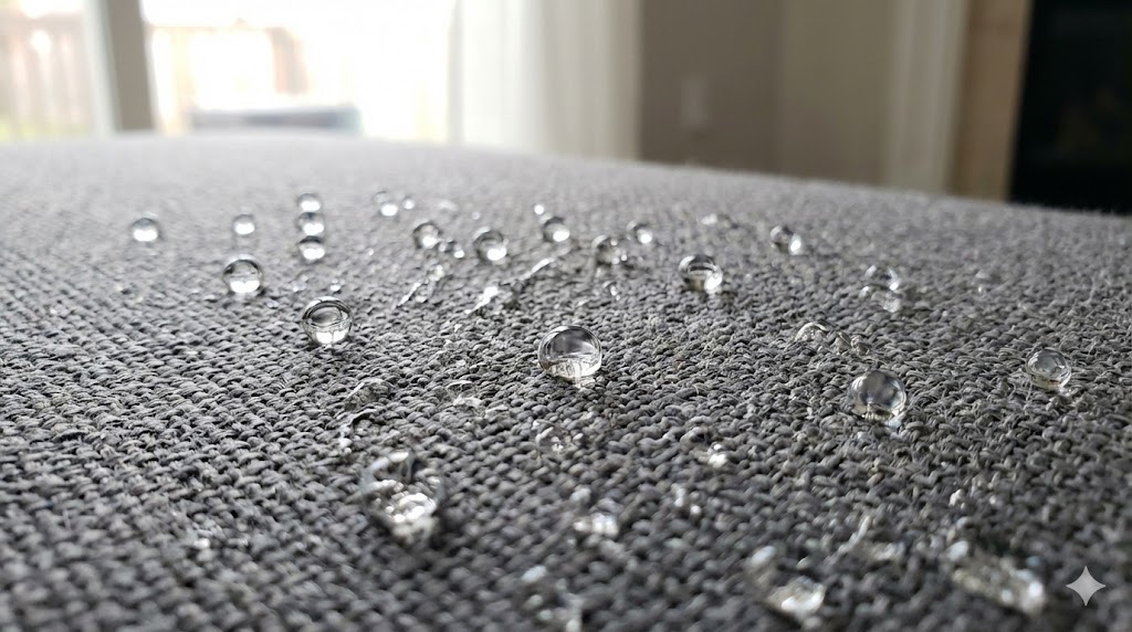 洗濯エプロンの強力な撥水加工によって水滴が玉のように弾かれている様子