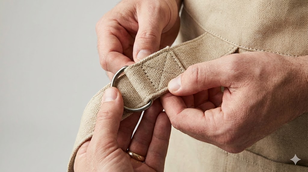 ランドリーエプロンの耐久性や肩紐の縫製を細かくチェックする様子