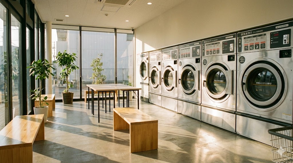 大きなドラム式洗濯機が並ぶ清潔で明るいコインランドリーの店内