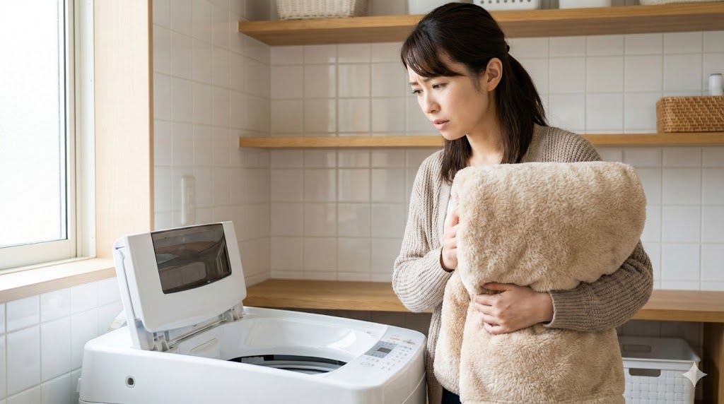 洗濯キャップがなく毛布の洗い方に悩み洗濯機の前で困っている女性