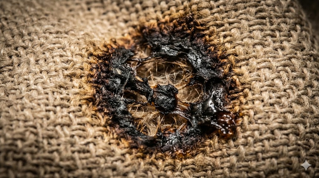 洗濯機の摩擦で生地が溶けて黒く焦げ付いてしまった毛布のアップ