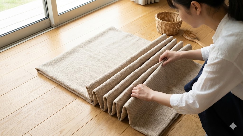 洗濯ネットに入れやすくするために毛布を屏風たたみ（ジャバラ折り）にしている様子