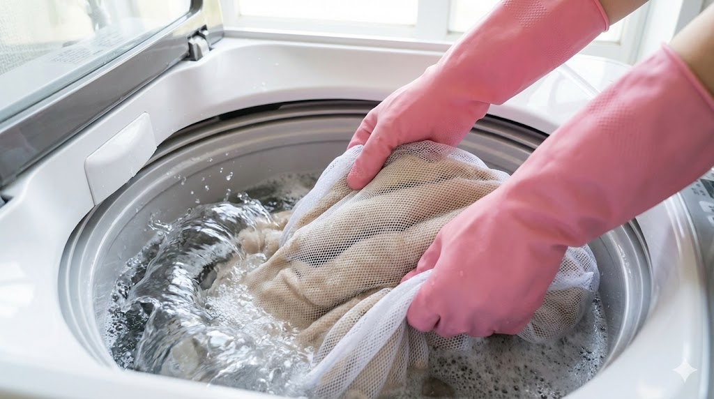 洗濯機の中で浮いてくる毛布を両手でしっかりと水中に押し込み空気を抜いている様子