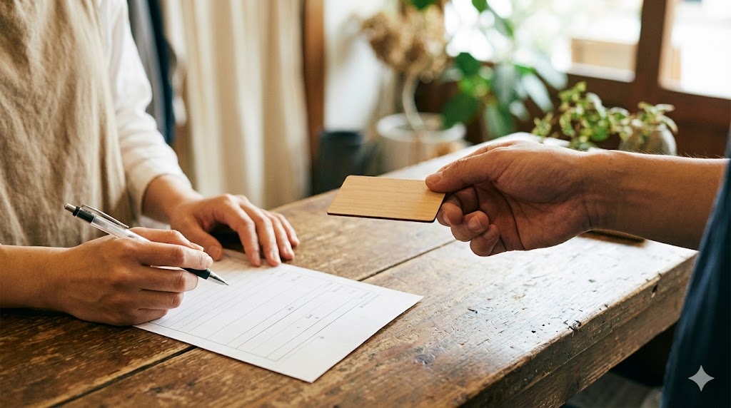 クリーニング店の受付で初回会員登録の手続きをする手元と会員カード