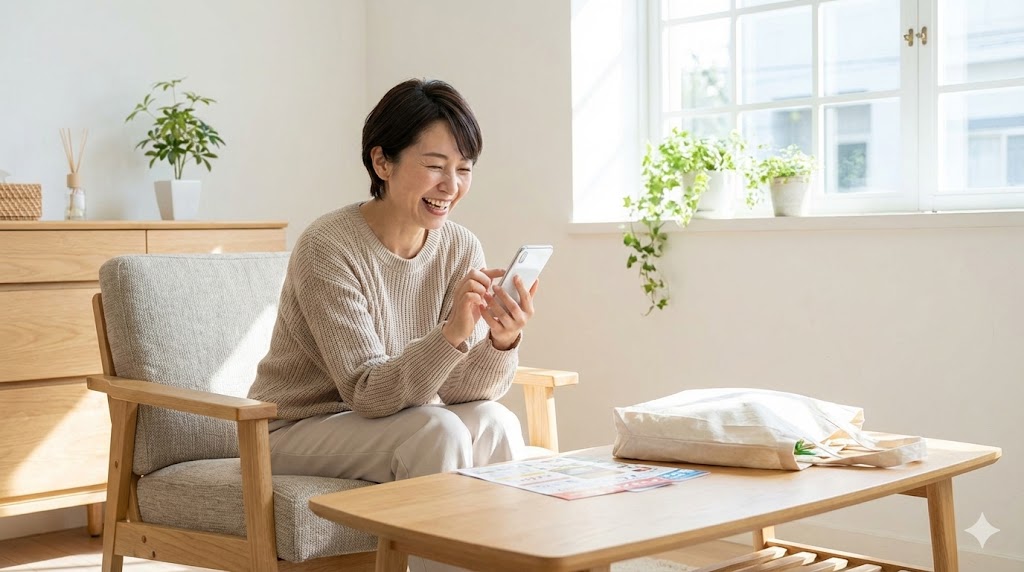スマートフォンでお得なクリーニングクーポンを見つけて喜ぶ主婦