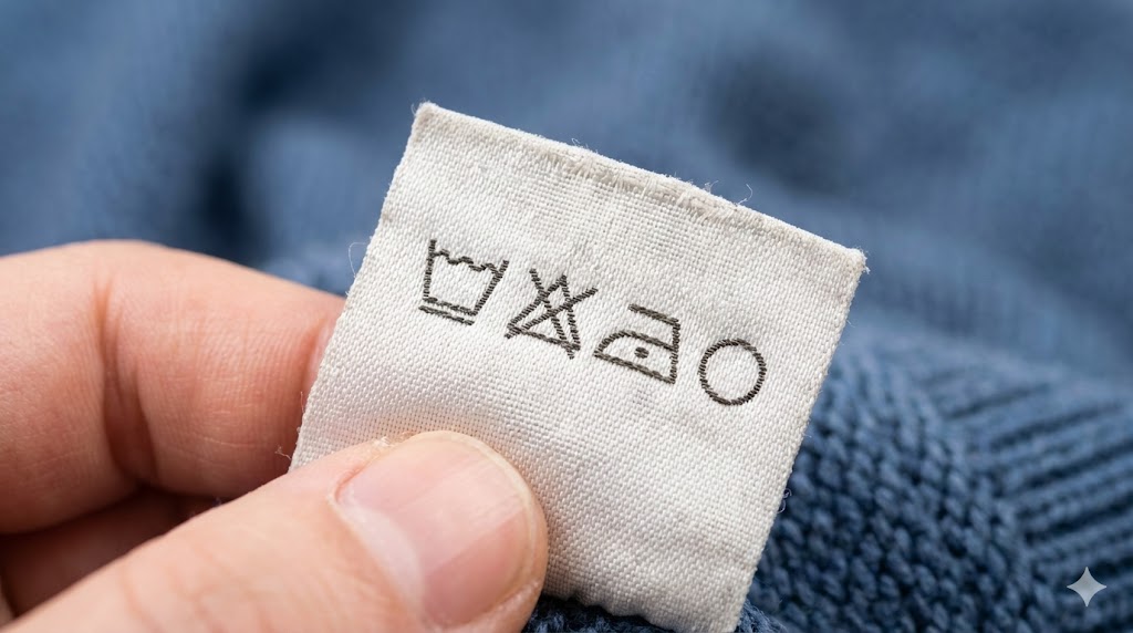 衣類の洗濯表示タグを指で持ち上げて確認している様子