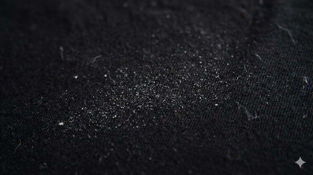 洗濯後の黒いTシャツに付着した白い粉のような汚れと糸くずの拡大写真