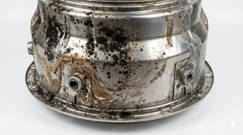 洗濯槽の裏側にびっしりと付着した黒カビと石鹸カスの汚れ