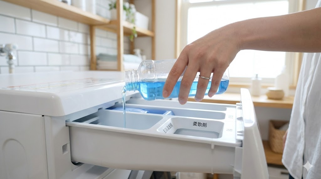 洗濯機の洗剤投入口と柔軟剤投入口に正しく液体洗剤を入れている様子