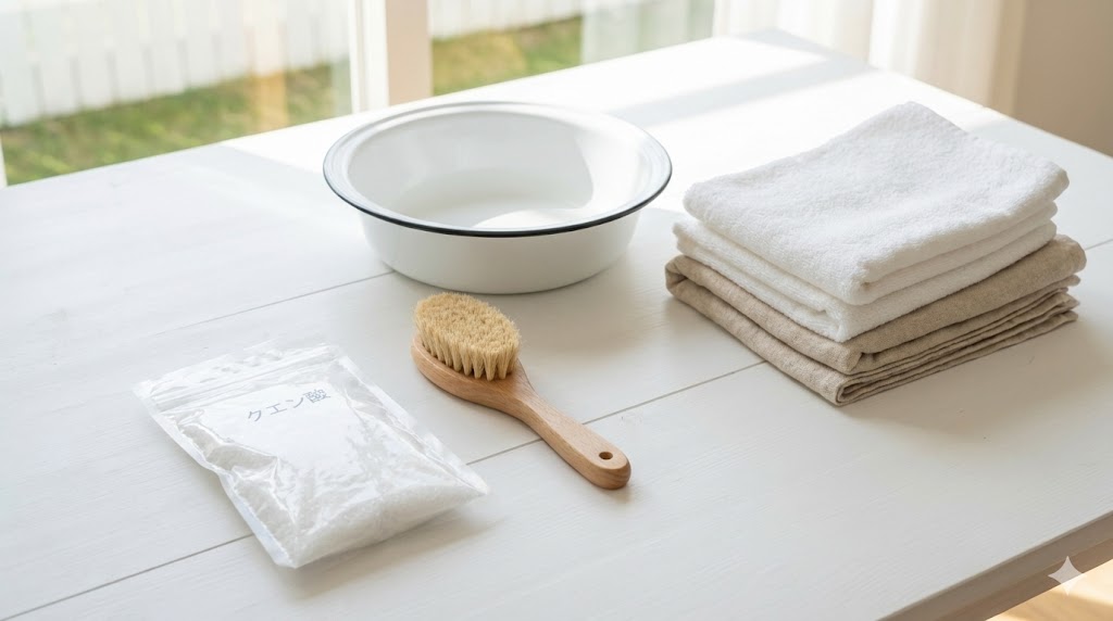 洗濯の白い粉対策に使用するクエン酸、洗濯ブラシ、洗面器などのケア用品