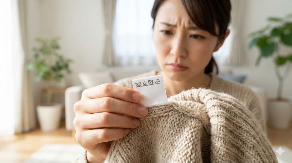 洗濯表示のタグを確認して悩んでいる日本人女性の手元