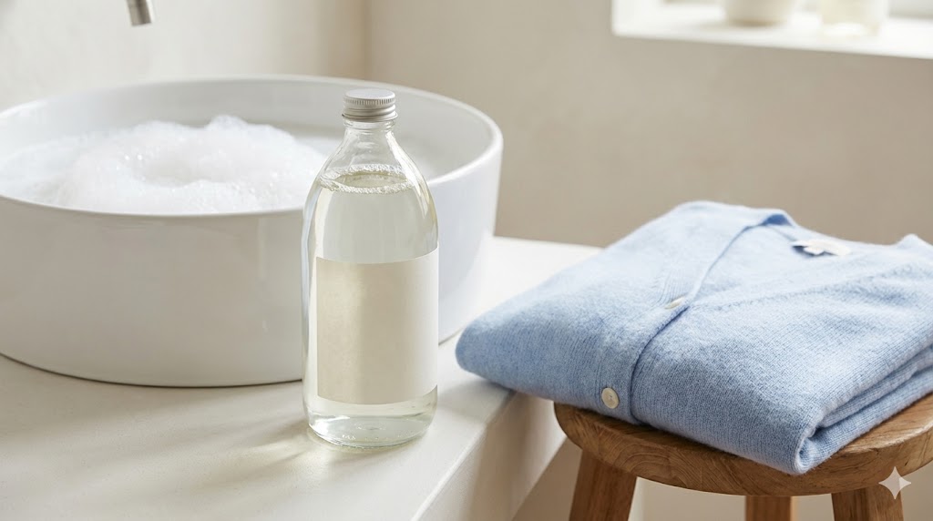 洗面台に置かれたおしゃれ着洗剤と洗濯の準備がされた衣類