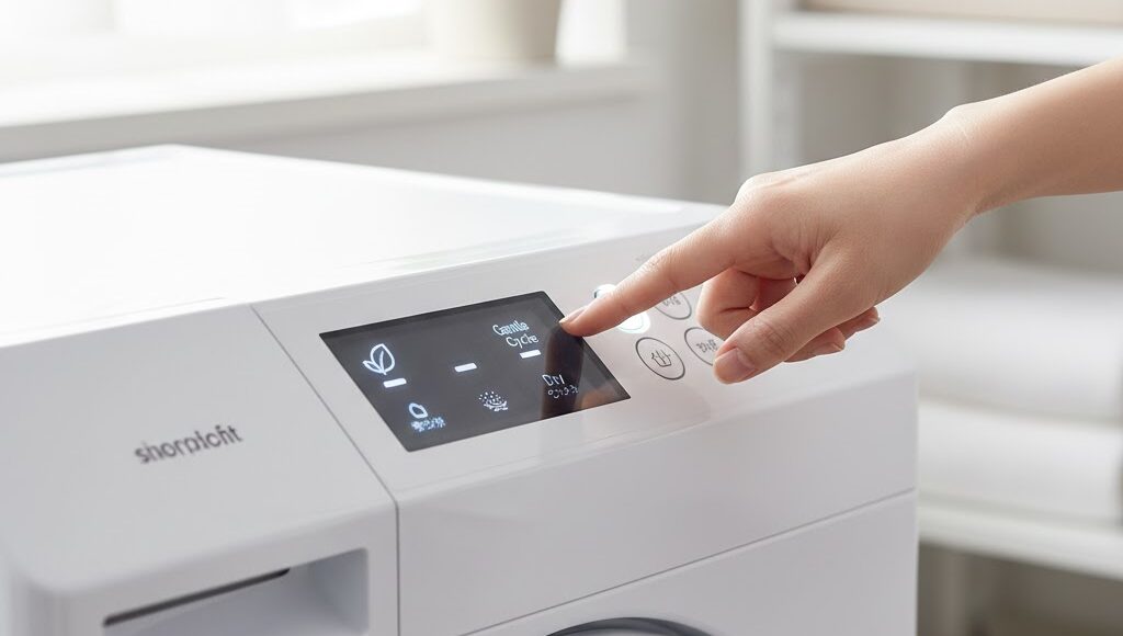 洗濯機のドライコースのボタンを操作する指先