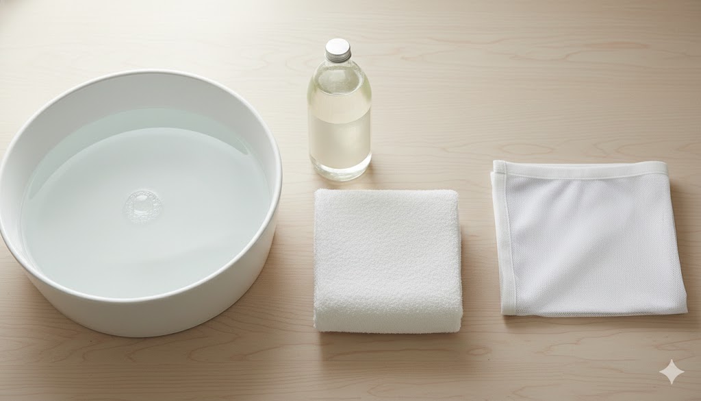 手洗いのために準備された洗面器、洗剤、タオル、洗濯ネット