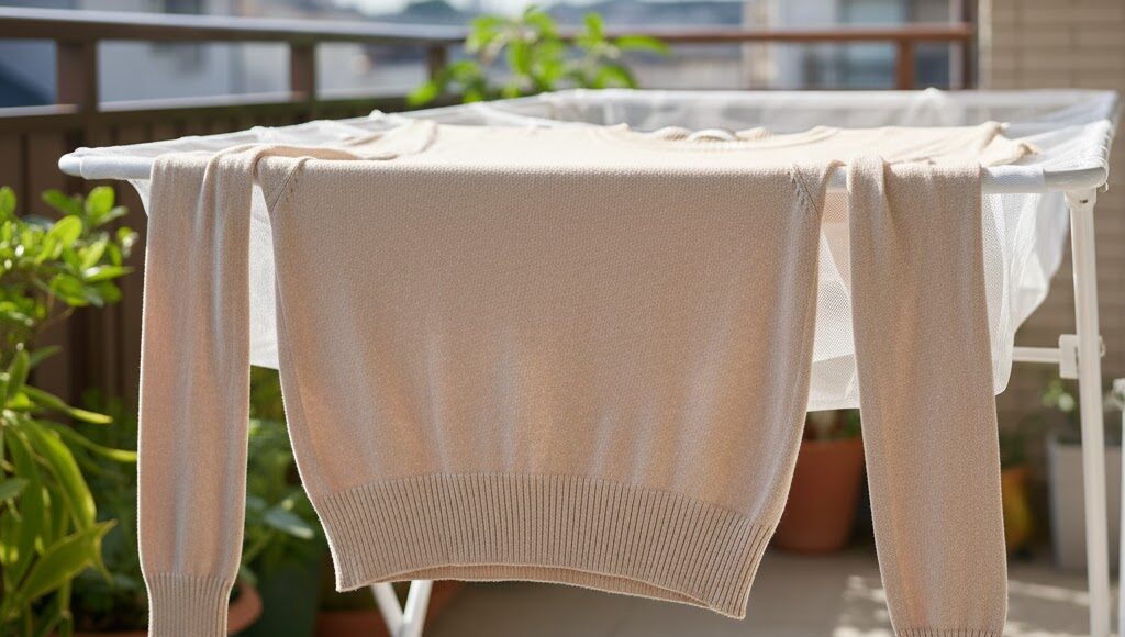 ベランダで平干しネットを使って陰干しされているベージュのニット