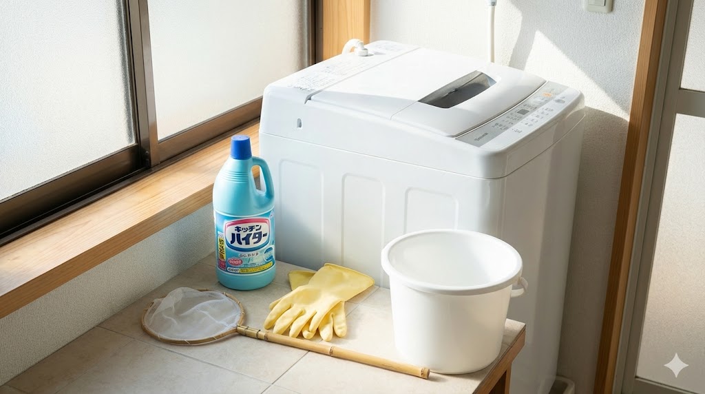 洗濯槽掃除を始めるために、洗濯機の前に準備されたキッチンハイター1本、ゴム手袋、ゴミすくいネットなどの道具一式。