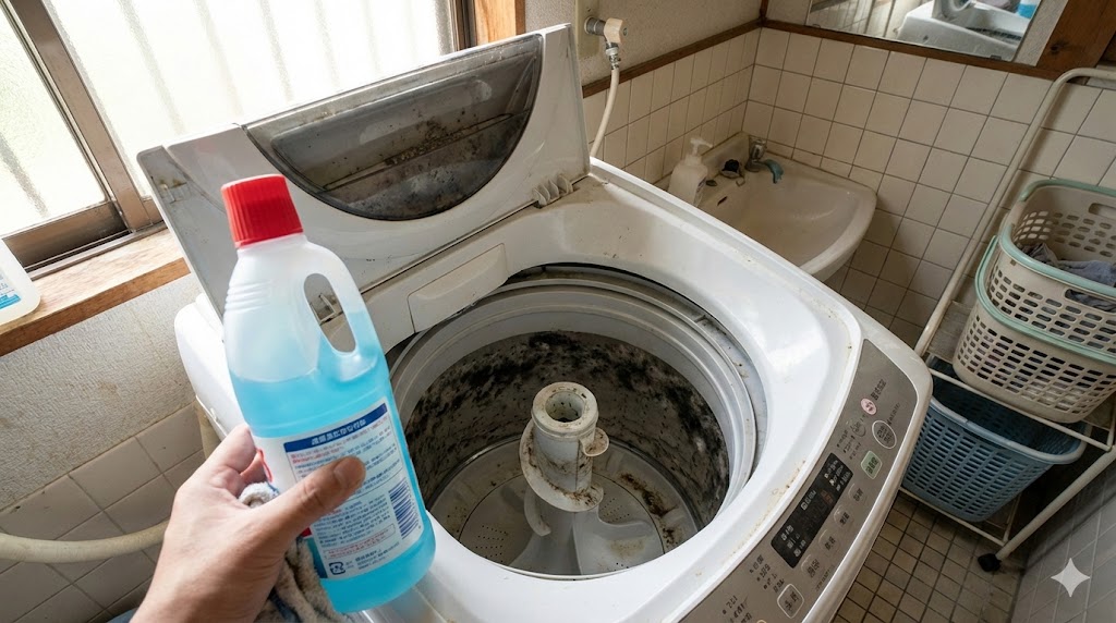 黒カビや汚れが付着した洗濯槽の内部と、それを掃除するために用意されたキッチンハイターのボトル。
