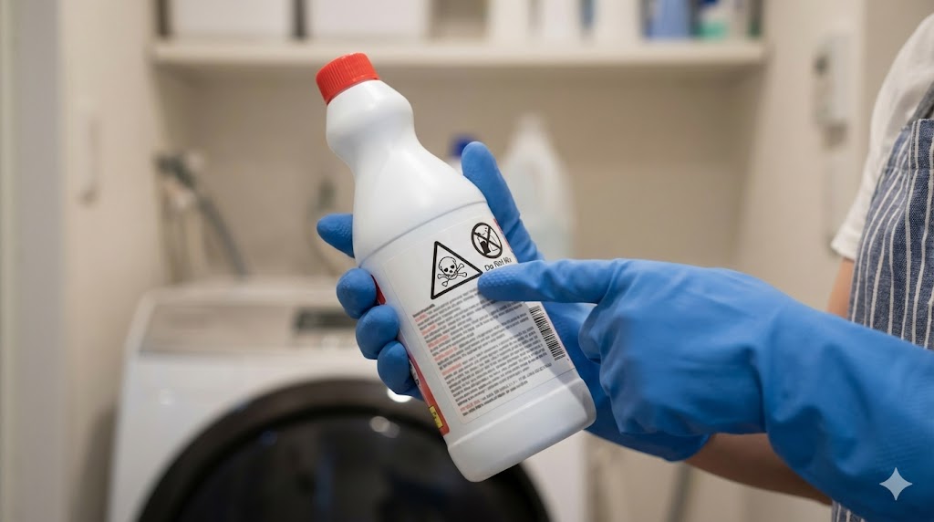 ゴム手袋をした女性が、塩素系漂白剤のボトルにある「混ぜるな危険」の警告表示を指差し確認している様子。