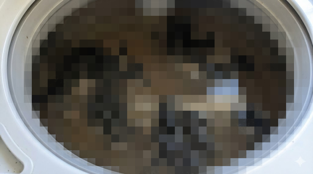 キッチンハイターでつけ置きした洗濯槽の水面に、剥がれ落ちた大量の黒カビや汚れが浮いている衝撃的な様子。