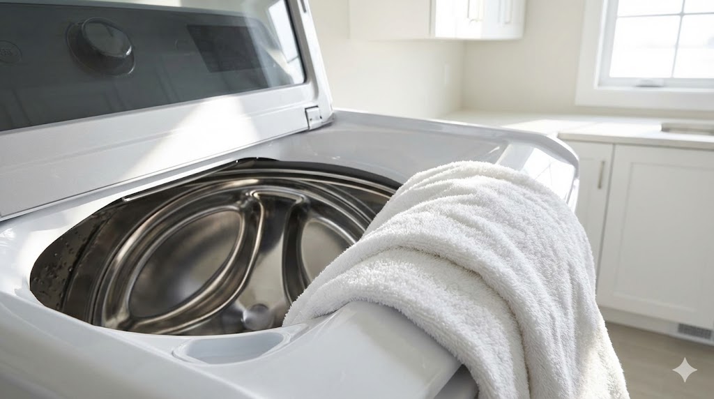 掃除が完了し、カビや汚れが一切なくなりピカピカに輝いている清潔な洗濯槽の内部。