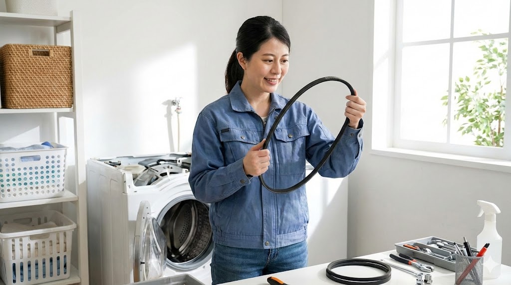 新しい洗濯機用Vベルトを手に持ち、修理に向けてやる気に満ちた表情の日本人女性