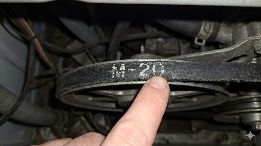 洗濯機のVベルト表面にある「M-20」というサイズ刻印を指で確認しているクローズアップ写真