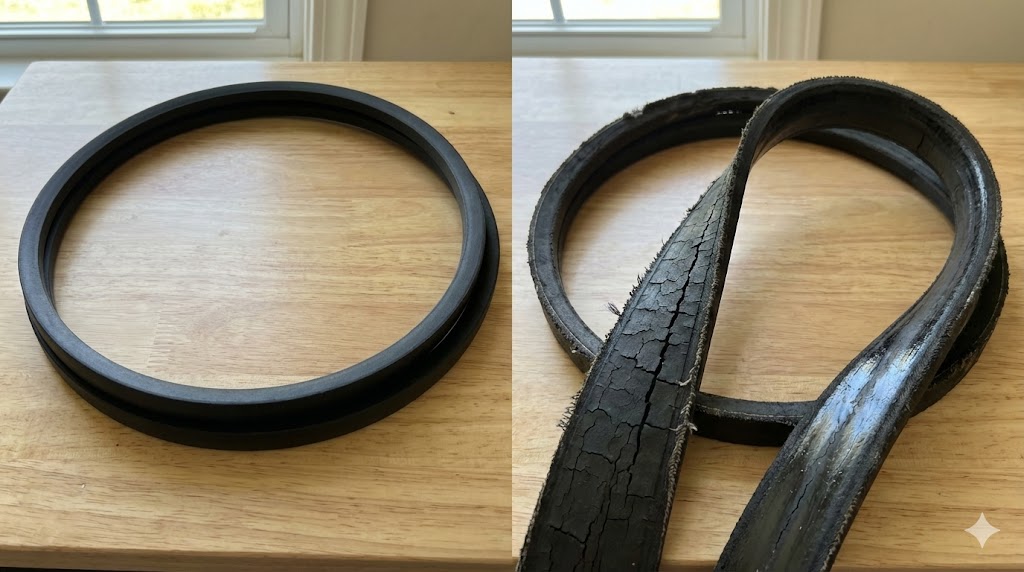 新品のVベルト（左）と、ひび割れて摩耗した古いVベルト（右）の比較写真