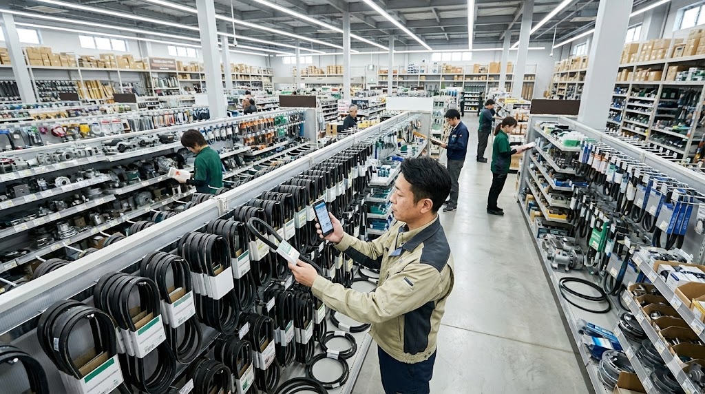 日本のホームセンターの資材売り場で、スマホを見ながらVベルトを選んでいる様子