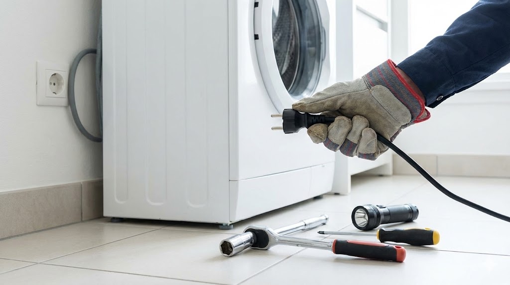 洗濯機の修理前に安全のため電源プラグを抜き、作業用手袋と工具を準備している様子