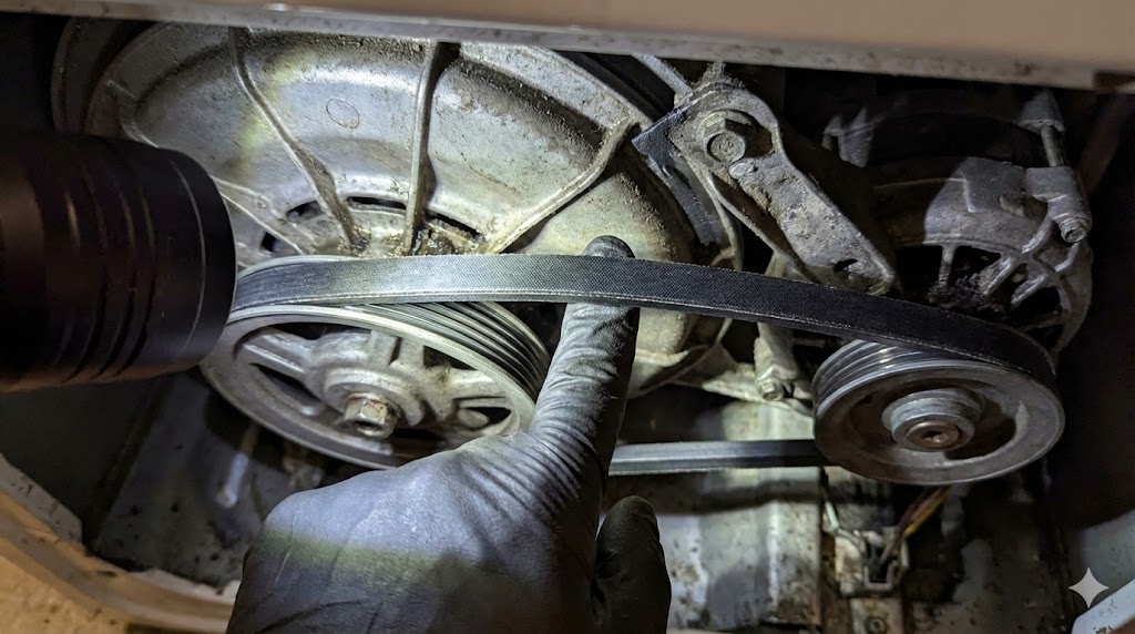 洗濯機の底面で、交換した新品のVベルトを指で押して適切な張り具合（たわみ約1cm）を確認している様子