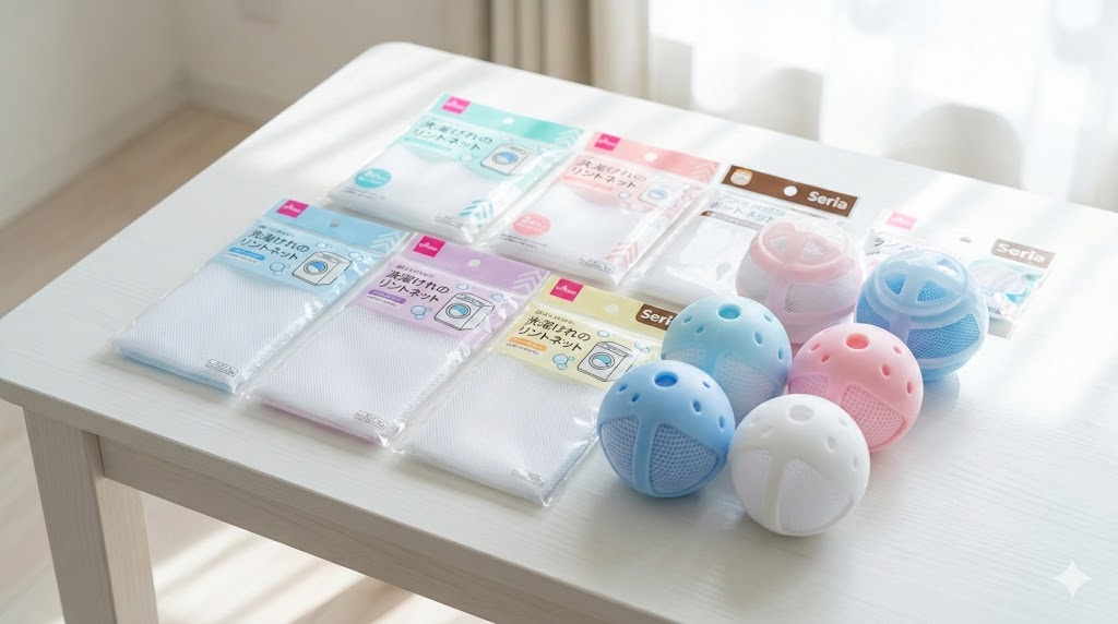 ダイソーやセリアで販売されている様々な種類の洗濯機用ゴミ取りネットと浮くタイプのネット