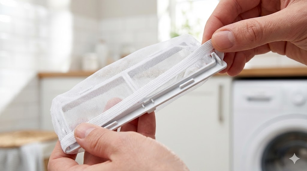 洗濯機の糸くずフィルターのプラスチック枠に新しい100均ネットを取り付けている手元の様子