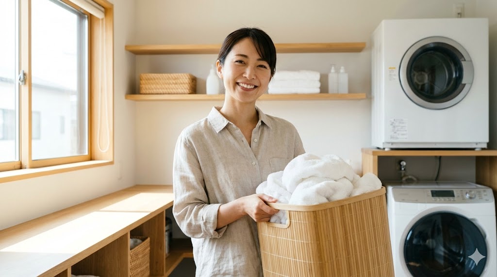 清潔なランドリールームで洗濯カゴを持ち笑顔を見せる日本人女性