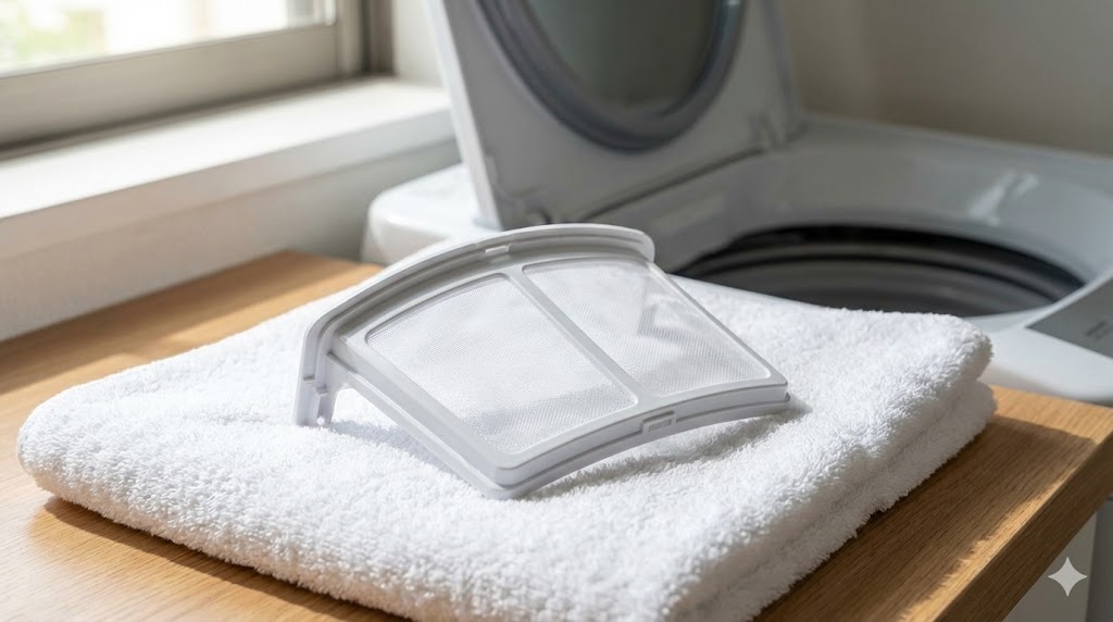 洗濯後に取り外して乾燥させている清潔な糸くずフィルターとゴミ取りネット