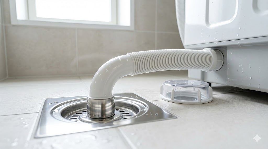 ゴミ取りネットの使用により糸くず詰まりがなく清潔に保たれた洗濯機の排水口周辺