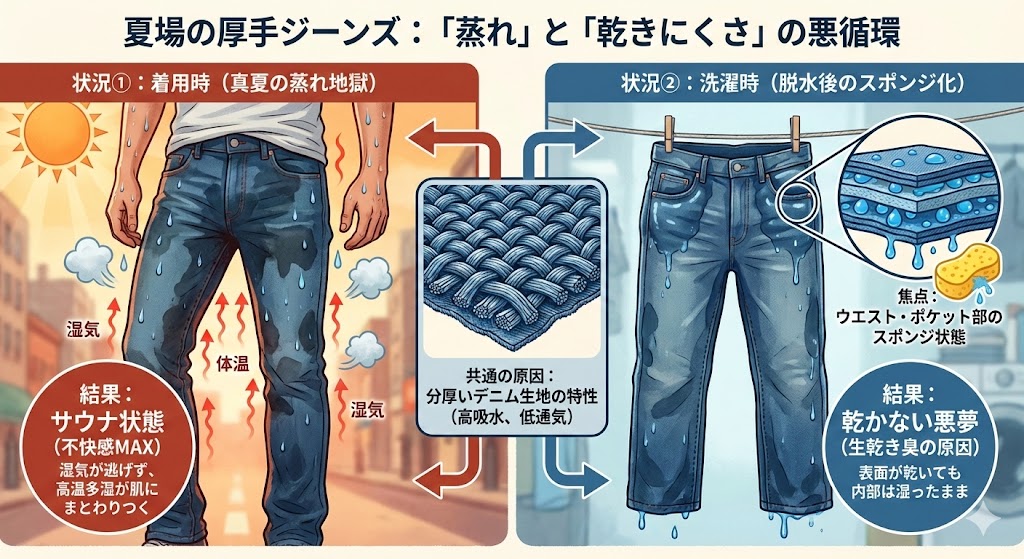 湿気がこもりやすい厚手のズボンやジーパンの特質