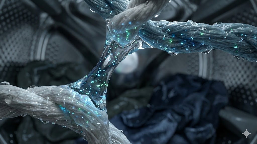 濡れた繊維同士が接触し、水分を通じて菌が移動していく様子を示す顕微鏡写真のイメージ