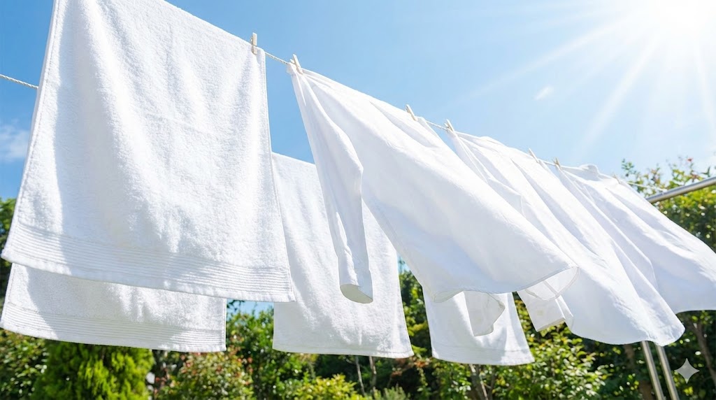 青空の下、太陽の光を浴びて爽やかに乾いている清潔な真っ白いタオルとシャツ
