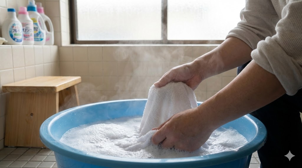 洗面器のお湯で酸素系漂白剤を泡立て、タオルをつけ置き除菌している様子