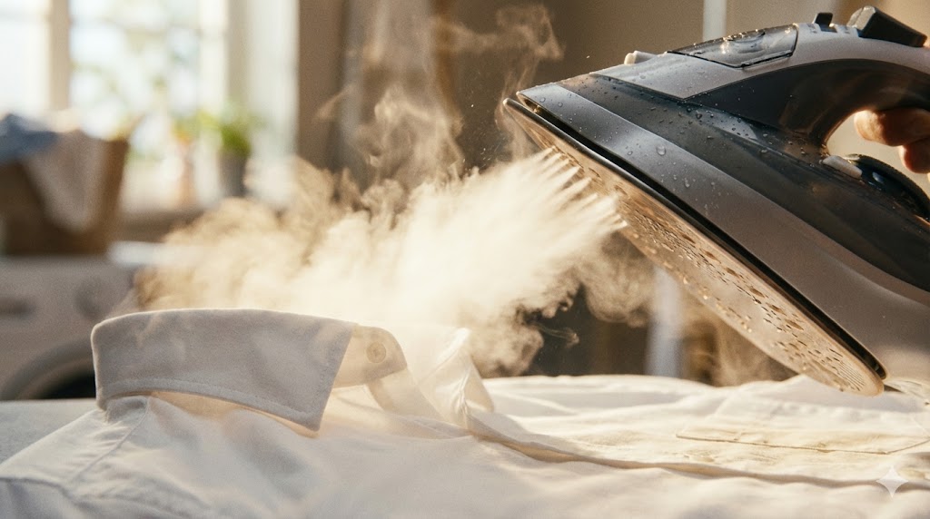高温のスチームアイロンから強力な蒸気が出て、シャツの襟元を熱殺菌している瞬間