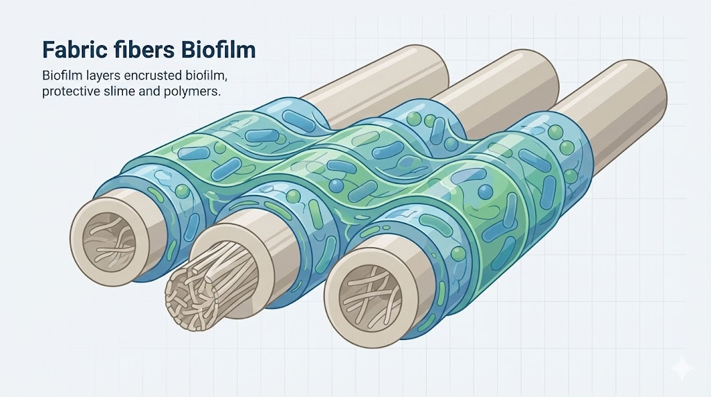 繊維の表面にモラクセラ菌が形成した頑固なバイオフィルム（菌膜）の構造を示す科学イラスト